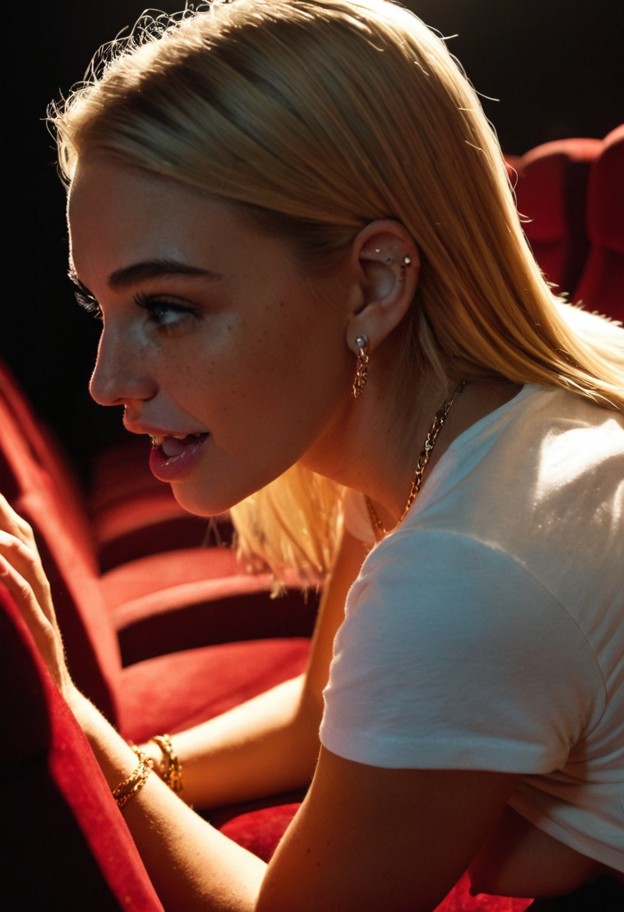 she is,solo,leaning forward,biting ear,whispering in ear,white cotton t-shirt,denim shorts,dark movie theater,red vel…
