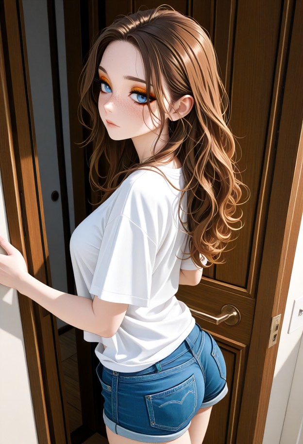 she is is hugging a man in a doorway,white cotton t-shirt,blue denim shorts,wooden door frame,hallway background,medi…