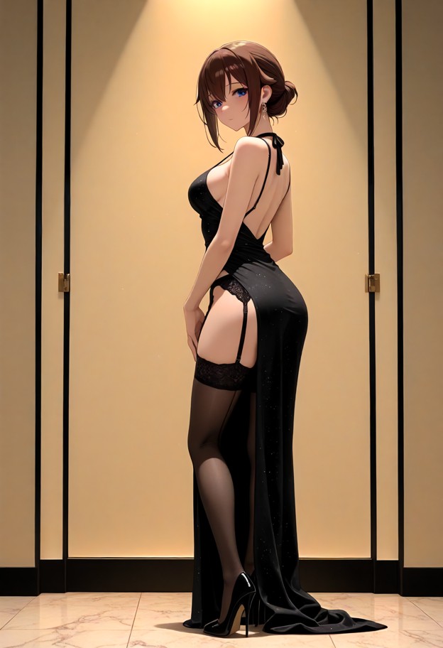 a beautiful she is wearing an evening dress with a slit,garter belt,stockings,and stiletto heels,elegant evening dres…
