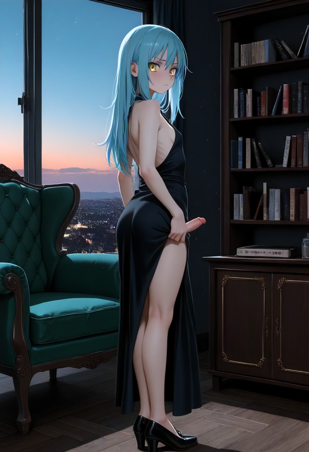 penis,erect penis,navy-blue suit,white shirt,loosened tie,black dress shoes,dimly lit office,dark-wood furniture,book…