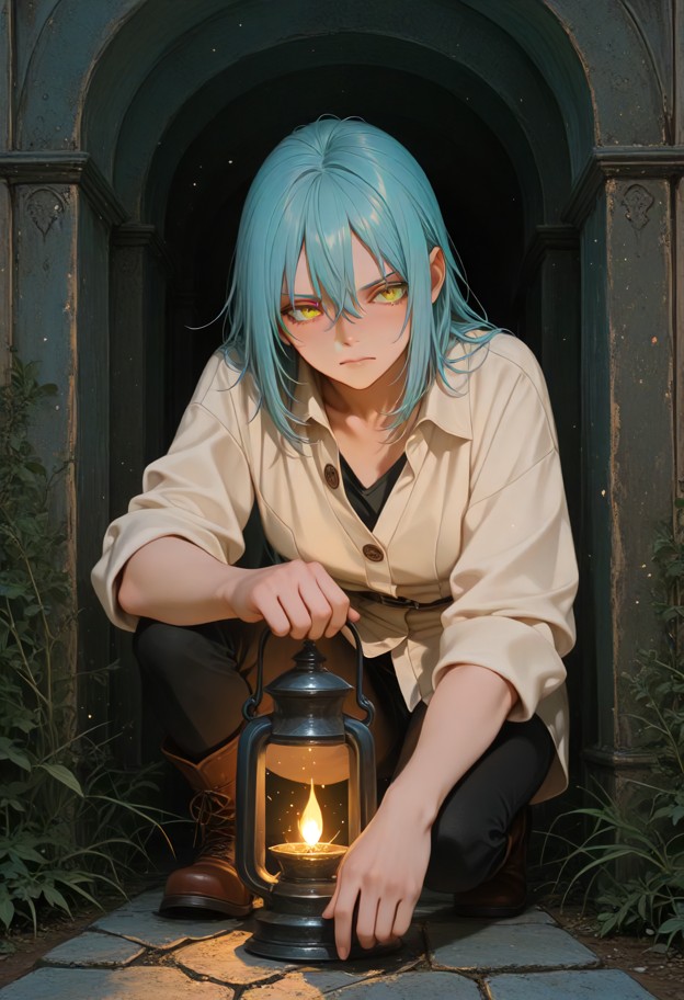 rimuru_tempest,walks through a narrow stone corridor beneath the tempest castle,holding a glowing crystal lantern in …