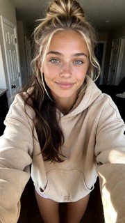 Same young adult woman from first frame locked in identity, hairstyle, freckles and oversized beige hoodie, selfie PO…