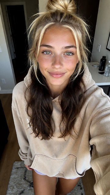 photorealistic young woman, 20 years old, stepdaughter look, soft girl-next-door face, light freckles across the nose…