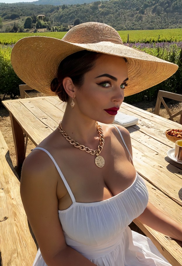 celeste is sipping wine at a table,white linen sundress,gold necklace,sun-drenched terrace,rustic wooden table,lavend…