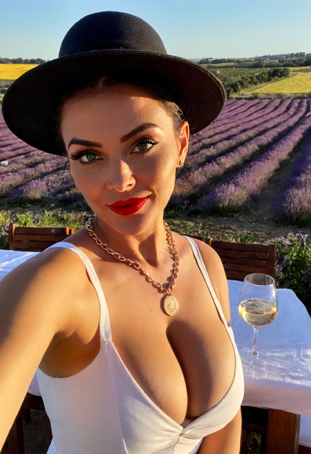 celeste is raising a glass of wine at a table,white linen sundress,gold necklace,sun-drenched terrace,lavender fields…