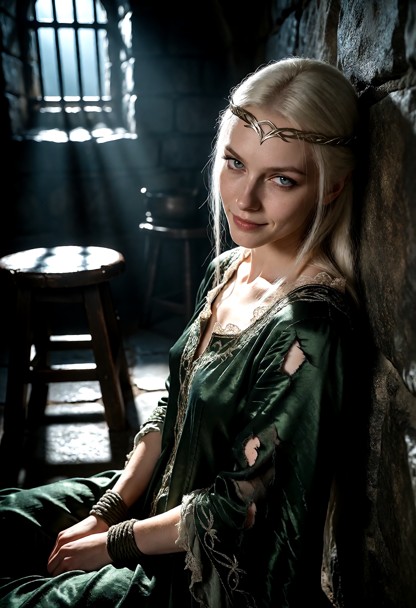 Location: dim dungeon cell with rough stone walls, a single iron-barred window casting narrow beams of moonlight, and…