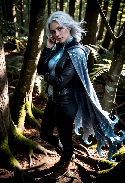 Location: dense forest during late afternoon with dappled sunlight filtering through thick canopy of leaves, creating…