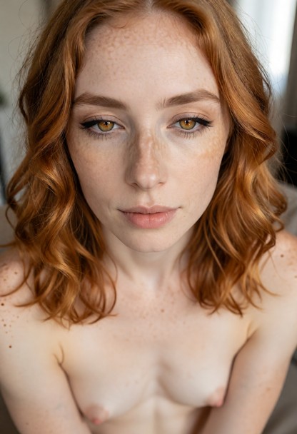 Photorealistic close-up portrait of a young woman with wavy shoulder-length auburn-red hair, pale freckled skin, clos…