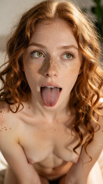 Photorealistic extreme close-up of a young adult woman with wavy natural red hair and heavy freckles across her nose …