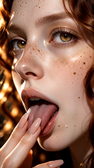 Photorealistic extreme close-up of a young adult woman’s lower face: glossy lips slightly parted, tongue extended, tw…