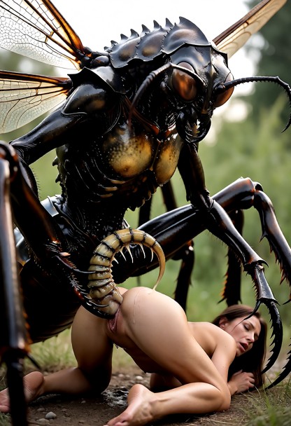 insect steht hinter einer Frau die im Doggy style von ihm weg schaut ,insect sein stachel befriedigt sie , Kamera Ans…