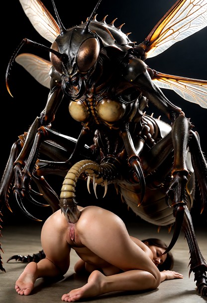 insect steht hinter einer Frau die im Doggy style zu ihm steht mit dem hinter nach vorne schaut ,insect sein stachel …