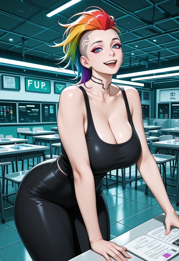 she is leaning forward at a school cafeteria table,happy,flushed face,black tank top,black yoga pants,school cafeteri…
