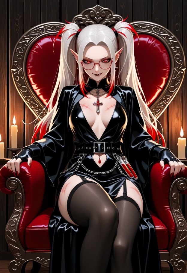 1girl,solo,sitting,eyes closed,blissful,legs parted,dark velvet gown,black stockings,leather armor,square glasses,vel…
