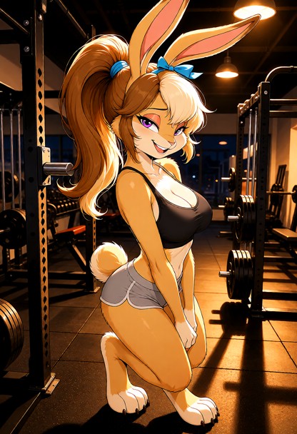 Location: late night in a dimly lit gym with heavy metal squat racks, rubber floor mats, and warm amber overhead ligh…
