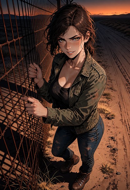Location: dusk along a desolate dirt road near a tall metal fence, with the fading orange glow of the sunset casting …