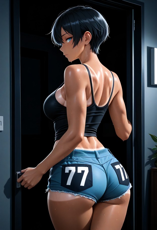 jean pulls viewer's hand toward the open door,black lace bralette,tiny blue denim shorts,residential driveway,dark ho…
