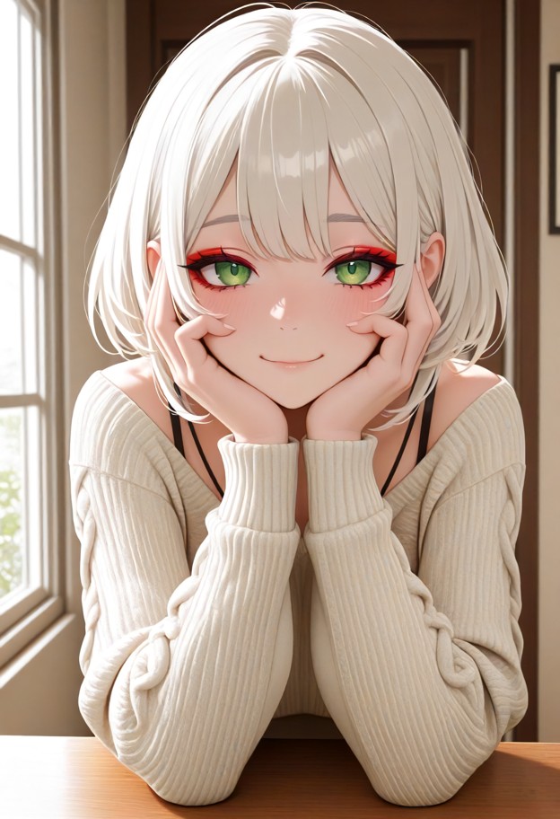 1girl,solo,grabbing own face with both hands,looking at viewer,close up,indoors,soft lighting,cream-colored sweater,k…