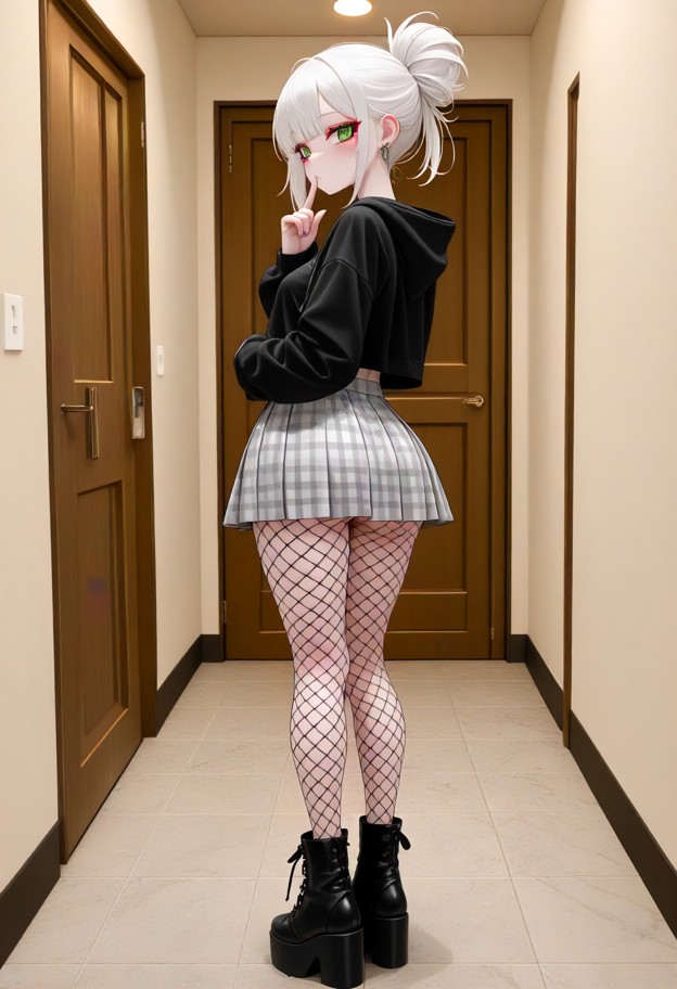 standing in the hallway tracing her finger along her jawline,black cropped hoodie,short plaid skirt,fishnet stockings…