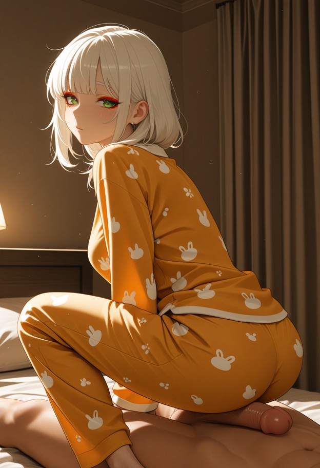 1girl,1guy,penis,squatting on top,riding dick,pajamas,cute_pajamas,silk_pajamas,sleepwear,bedroom,bed,pillows,morning…