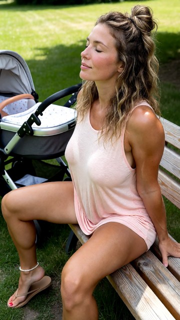 A sun-kissed new mom with dirty-blonde beachy waves half-pinned in a messy bun sits relaxed on a wooden park bench, e…