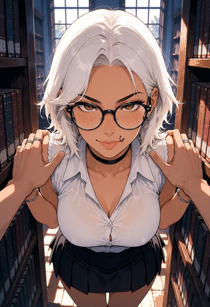 Location: narrow gap between tall wooden bookshelves in a quiet library during the afternoon, where the bright sunlig…