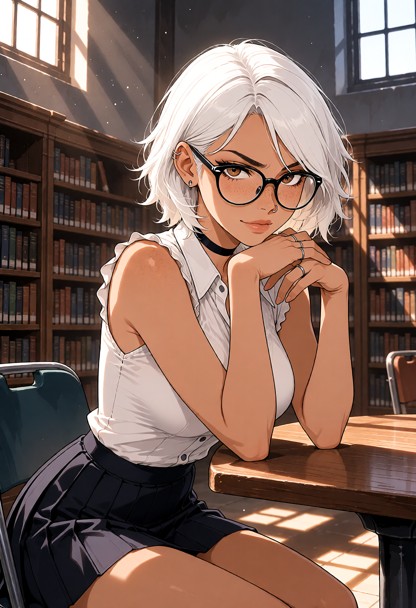 Location: quiet corner of an empty library during the afternoon, with tall wooden bookshelves casting long shadows an…