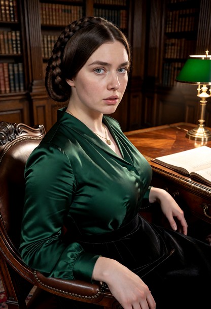 Location: a grand, dimly lit study filled with heavy oak bookshelves, polished mahogany furniture, and the soft, warm…