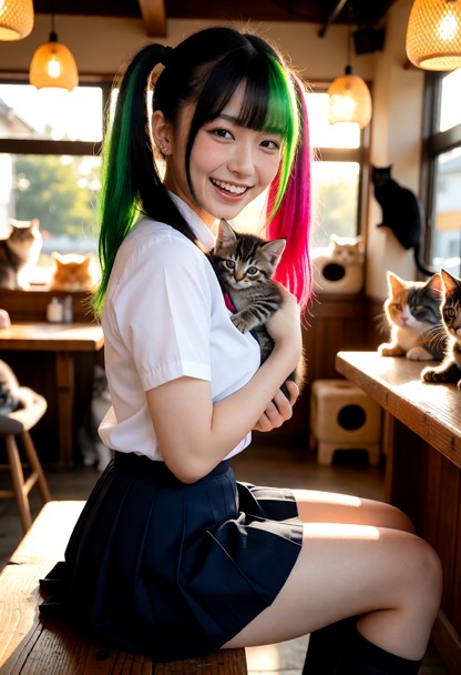 Location: inside a cozy cat cafe during the late afternoon, with warm sunlight streaming through large front windows …