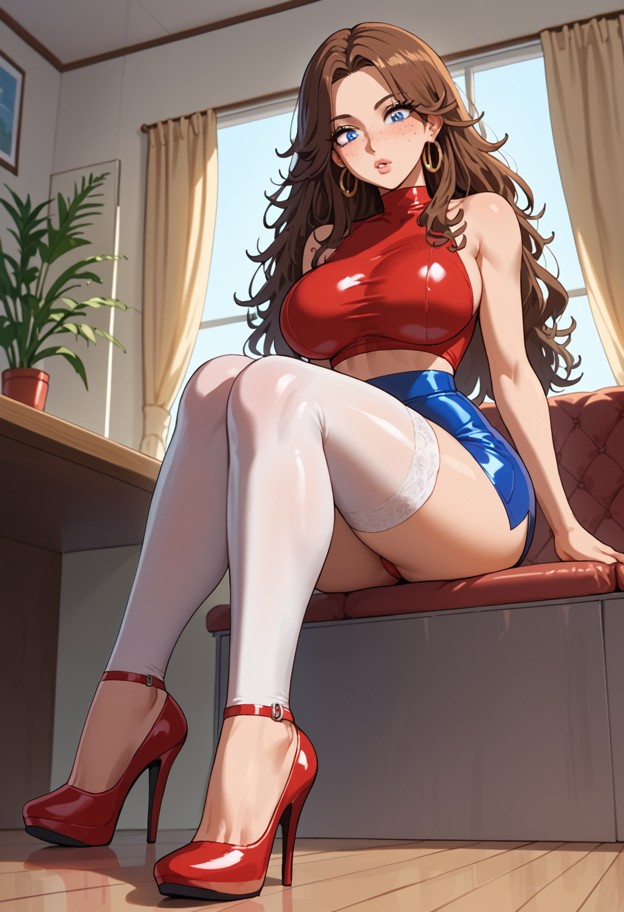 1girl,closup on feets,((high heels)),red high heels,perfect feets,footfetish,sitting,tight leather skirt,stockings,sh…