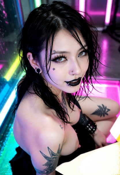 slim body, black skirt, tokyo_(city), The scene is lit with neon light, colored glow, reflections, and a vibrant tone…