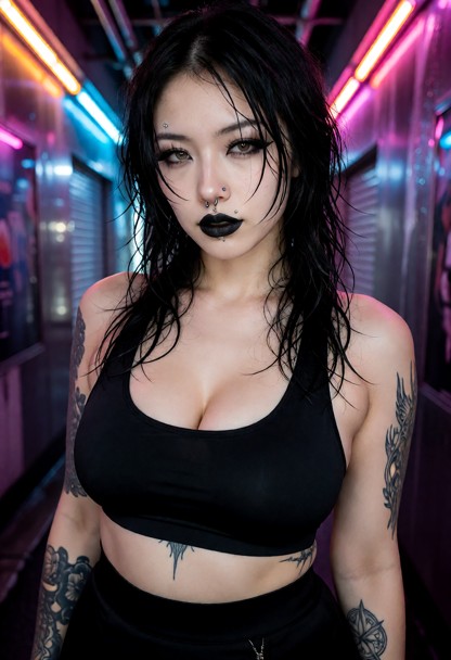 slim body, black_sports_bra, black skirt, tokyo_(city), The scene is lit with neon light, colored glow, reflections, …