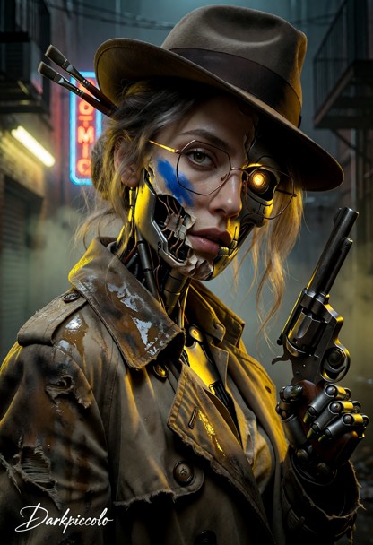 Cinematic gritty post-apocalyptic noir photograph. A female synth detective, a direct homage to Nick Valentine from F…