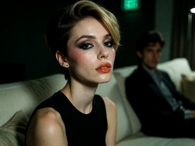 Summary: A blonde woman with short layered hair and heavy 1980s makeup sits on a cream sofa in a dim room, looking sl…