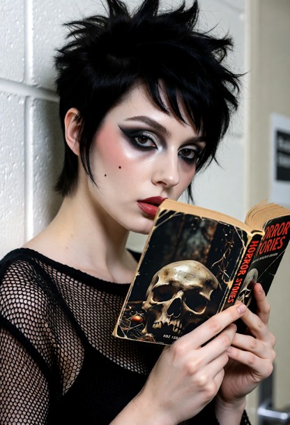 Summary: A pale young woman with dramatic gothic makeup holds an open vintage paperback book close to her face in a t…