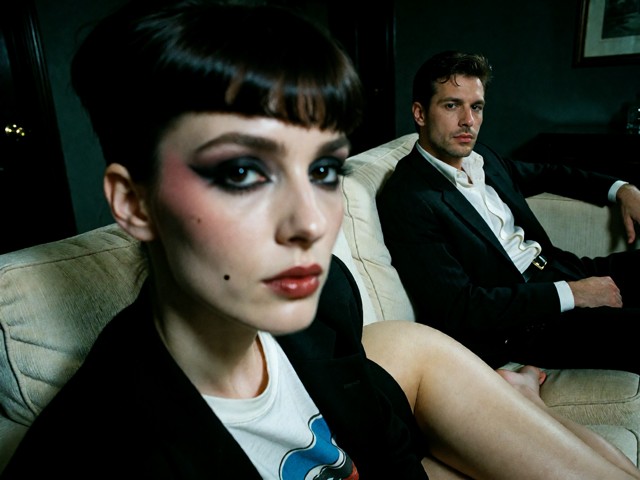 Summary: A young woman with dark bangs and heavy black eye makeup sits in the immediate foreground on a cream sofa, h…
