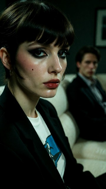 Summary: A young woman with pale skin, dark bangs, and heavy black eye makeup sits on a cream sofa in a dim room, loo…