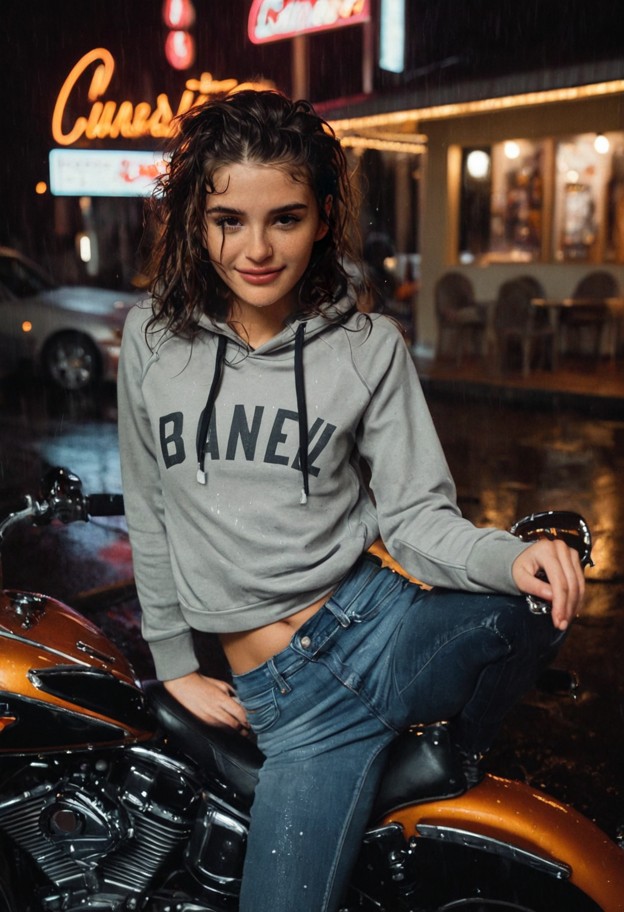 she is is smiling while stretching her legs next to a motorcycle,grey cotton hoodie,black denim pants,classic diner,n…