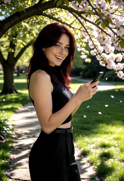 Location: lush green park during a bright afternoon with dappled sunlight filtering through the canopy of large leafy…