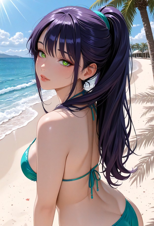 she is leaning close to viewer's ear,blue string bikini,sunny tropical beach,white sand,palm trees,turquoise ocean wa…