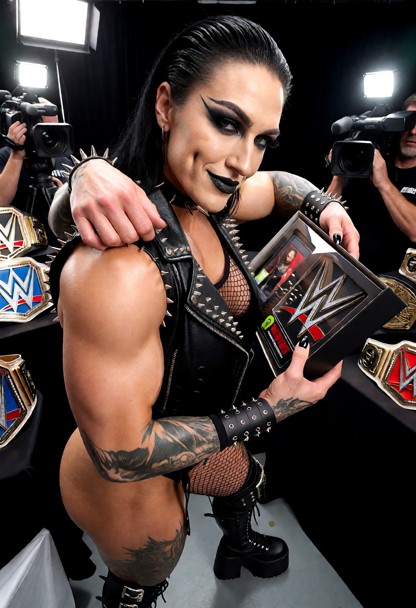 Location: bright WWE promotional studio filled with professional cameras, flashing strobe lights, and various champio…