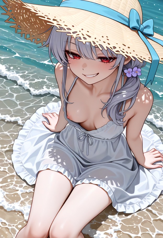 casual straw hat,light blue ribbon hair accessory,pale purple tips,young: 1.3,petite: 1.3,round face: 1.2,clear eyes,…