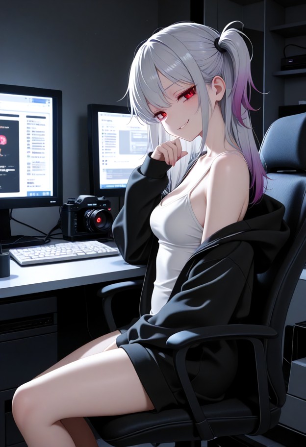 she is sitting on a chair next to a guy and leaning towards him,oversized black hoodie,white satin camisole,gaming ro…