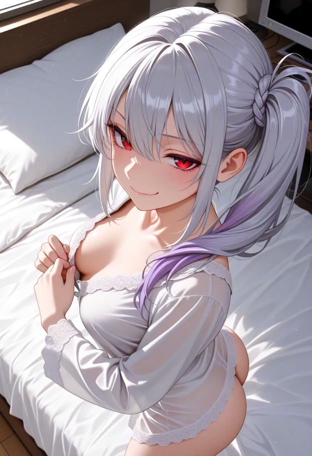leaning over viewer unbuttoning shirt,silk white nightgown,bedroom,large bed,white sheets,pillows,bright morning sunl…