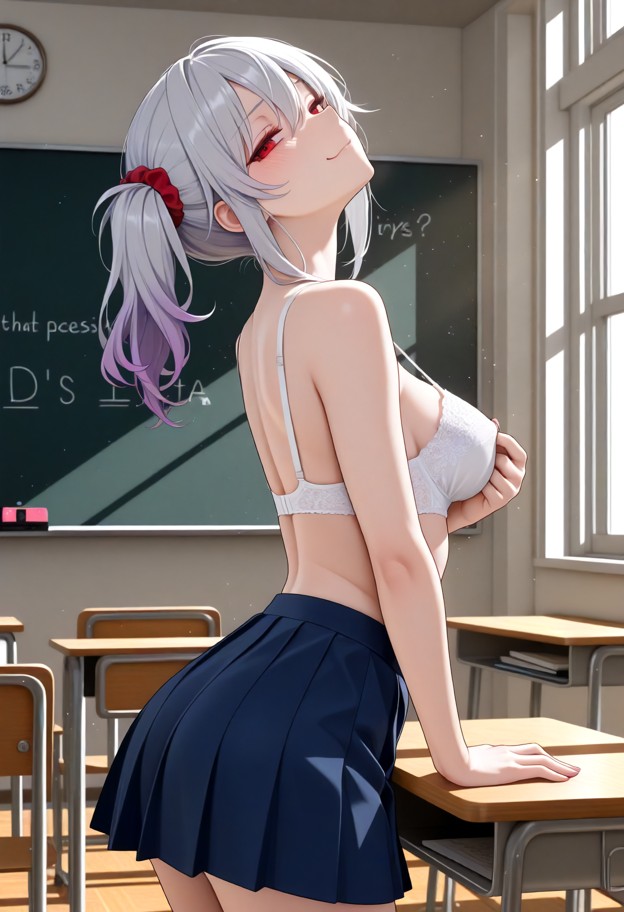squeezing boobs,arching back,head back,closed eyes,white bra,blue pleated skirt,empty classroom,wooden desks,chalkboa…