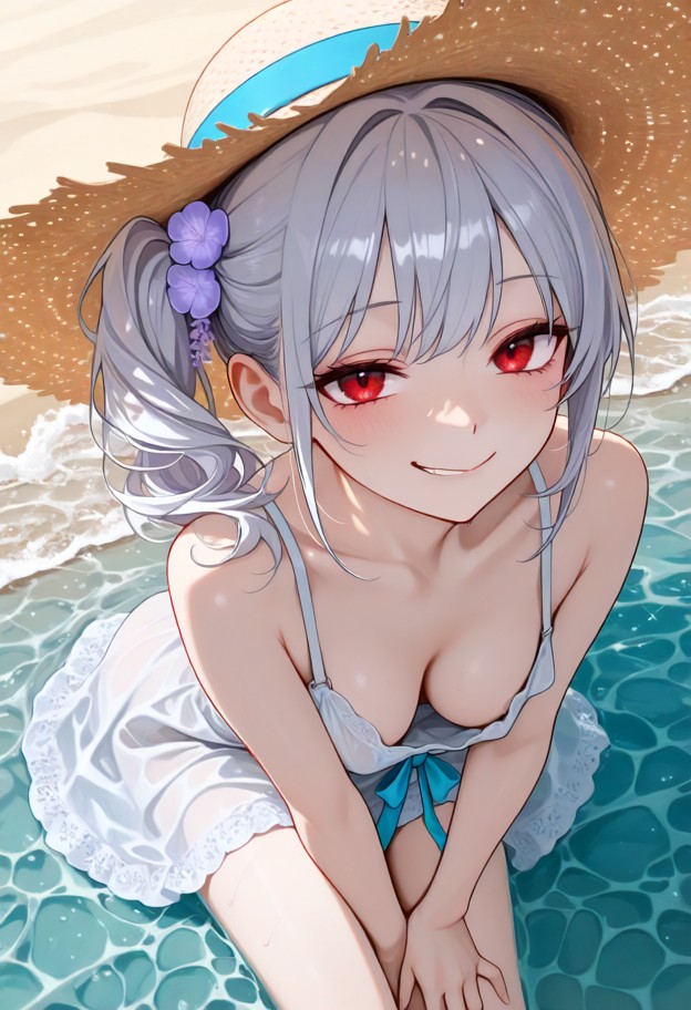 casual straw hat,light blue ribbon hair accessory,pale purple tips,young:1.3,petite:1.3,(round face: 1.2),clear eyes,…