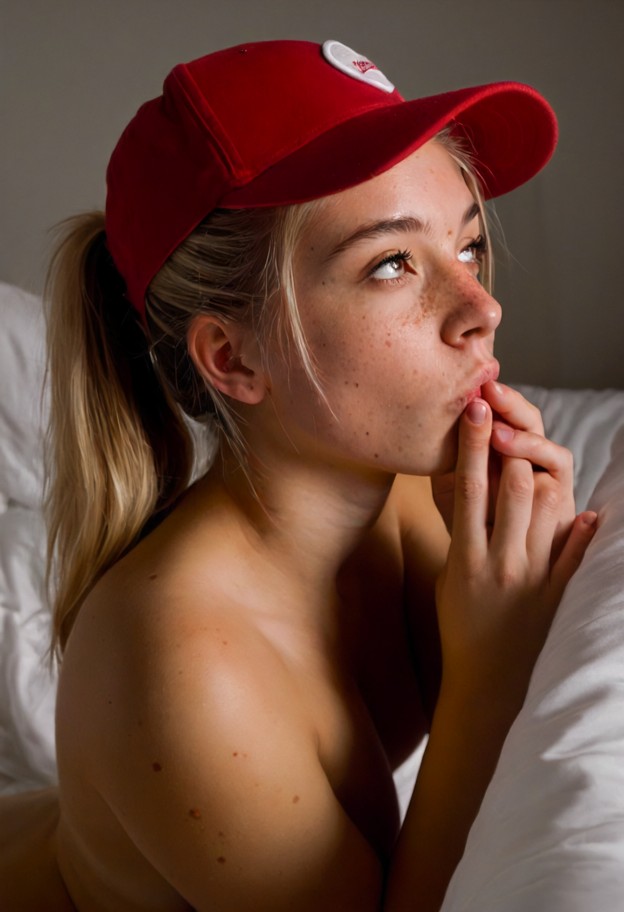 standing,hugging man's neck,naked,red baseball cap,bedroom,large bed,white sheets,dim light,close up,dim lighting,she…