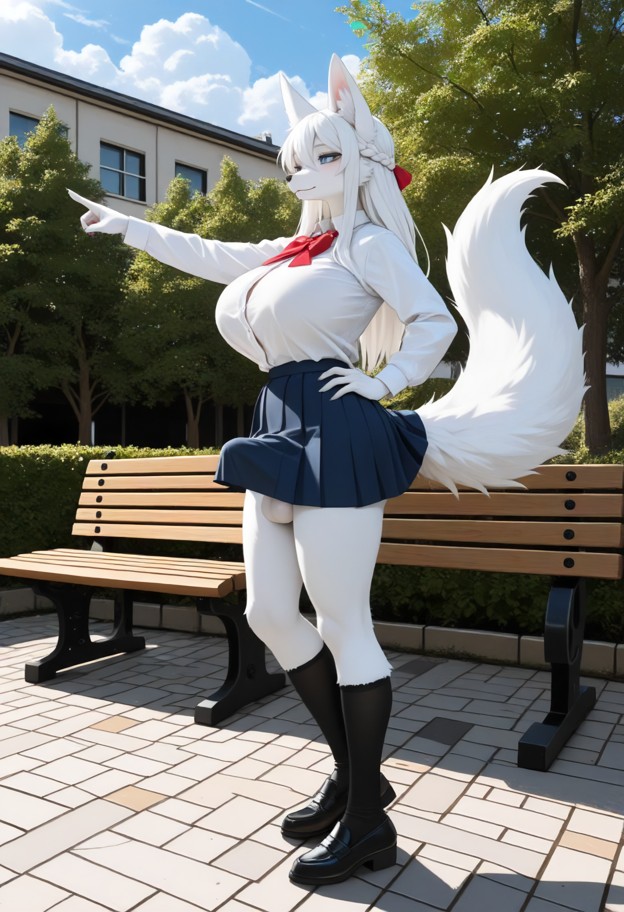 futa,standing,fox tail,school courtyard,pointing finger,scolding,blue pleated skirt,hand on hip,black knee-high socks…