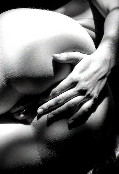 An extreme vertical 9:16 black-and-white macro photograph of Lola lying tightly curled on her left side. Her knees ar…