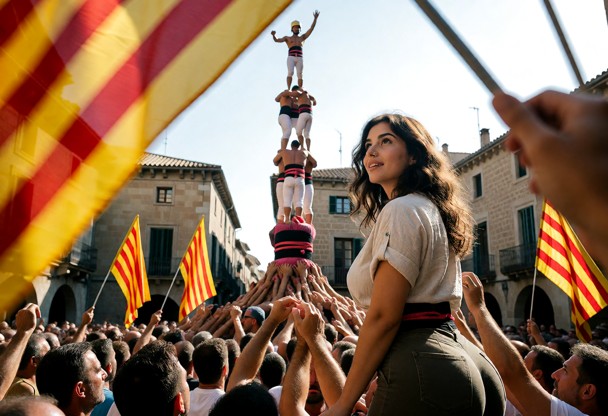 Vertical 2:3 documentary street photograph taken during La Diada in a crowded Catalan town square. A tall castell ris…
